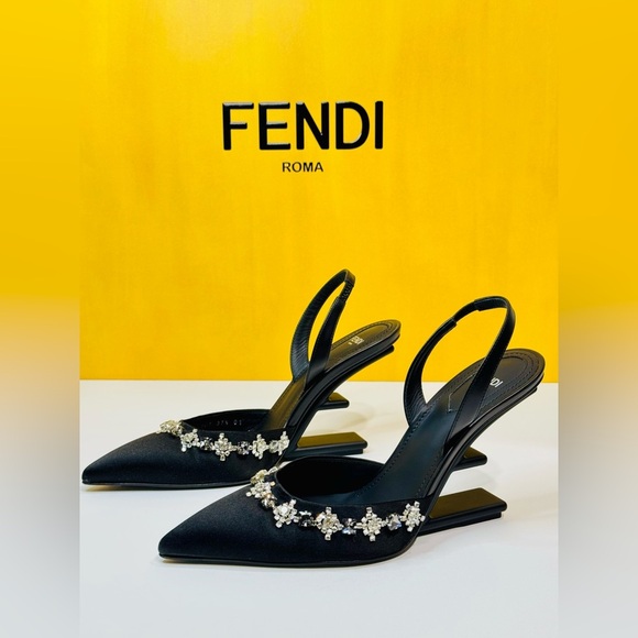 Fendi First Slingback Heels Black Satin With Nero Crystal Size 37.5 Retail$1790 - Picture 6 of 16